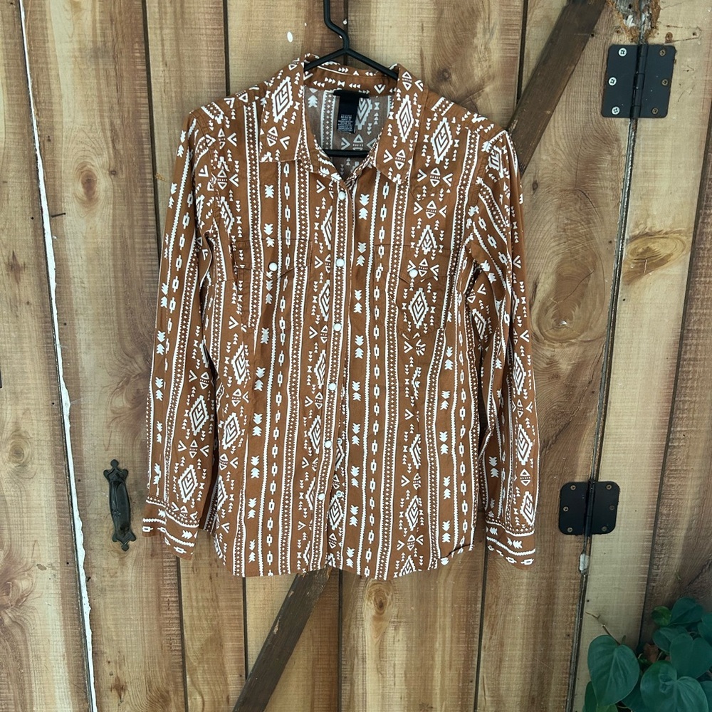 Wrangler Retro Western Pearl Snap Shirt Brown Aztec  Stripe M - Picture 3 of 9